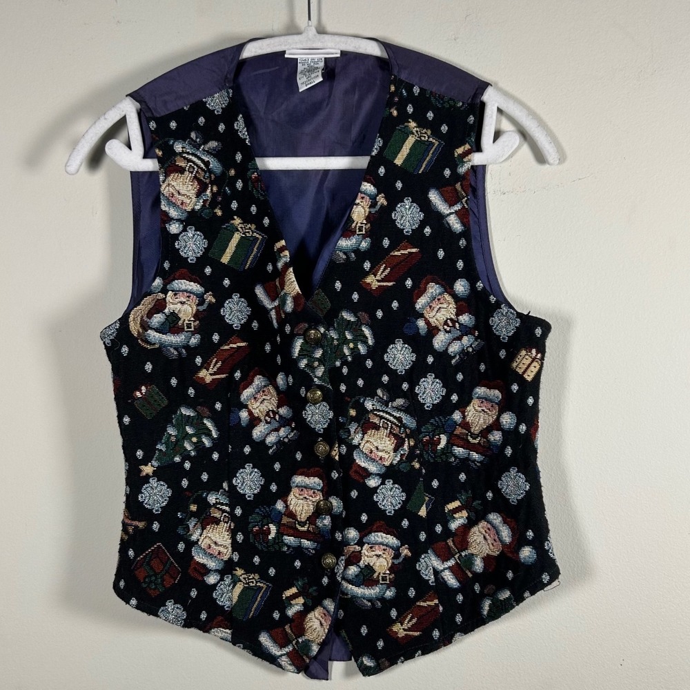 White Stag Christmas Vest Women Small Black Purple 90s Santa Tapestry Holiday